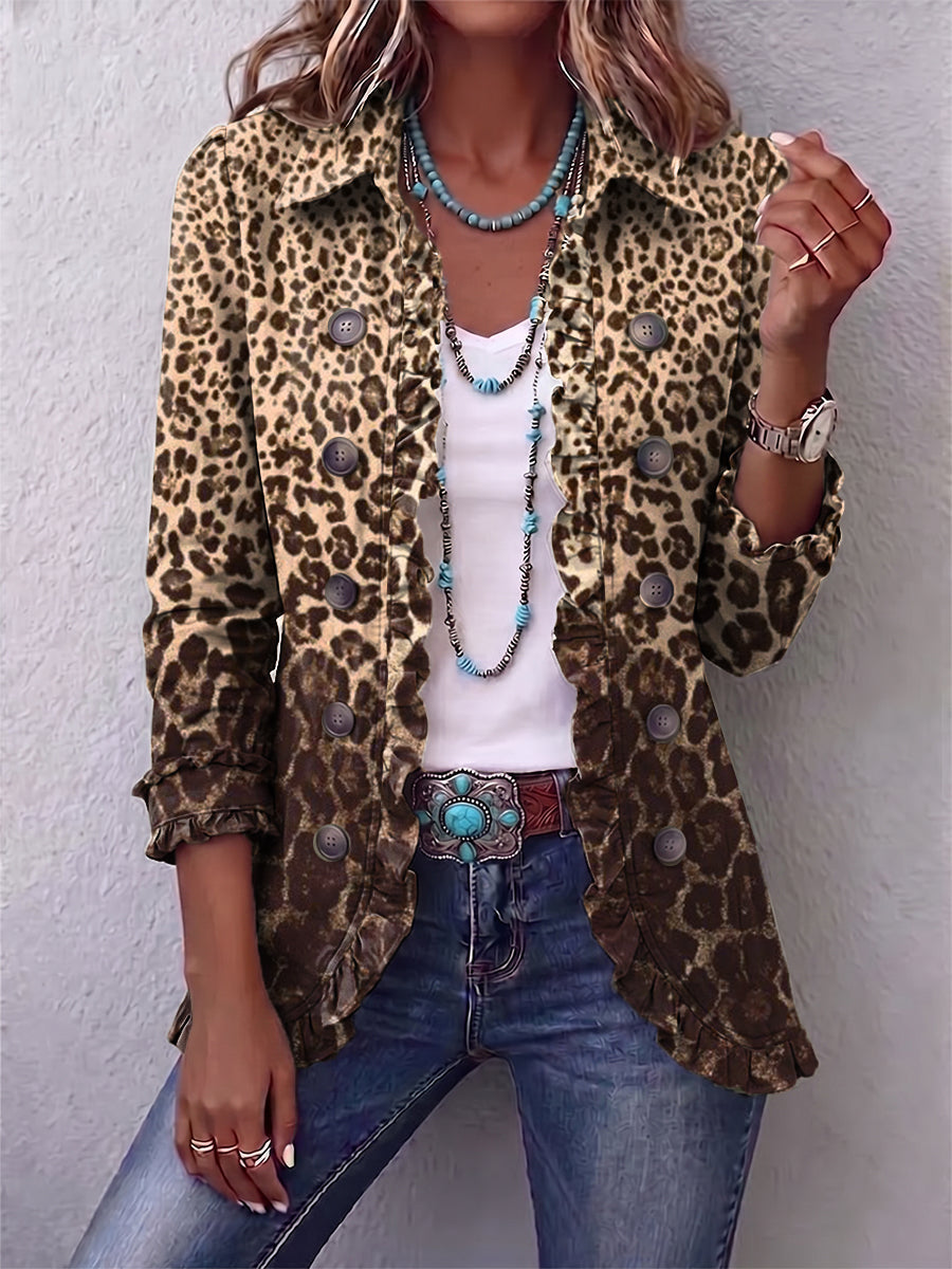 Nazaret leopard ruffle jacket in multicolour leopard print, front view worn open