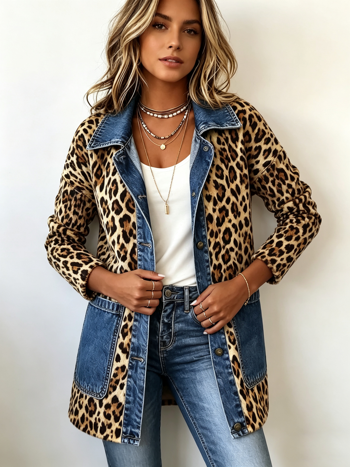 Lorena long leopard denim jacket in leopard print, three-quarter front view