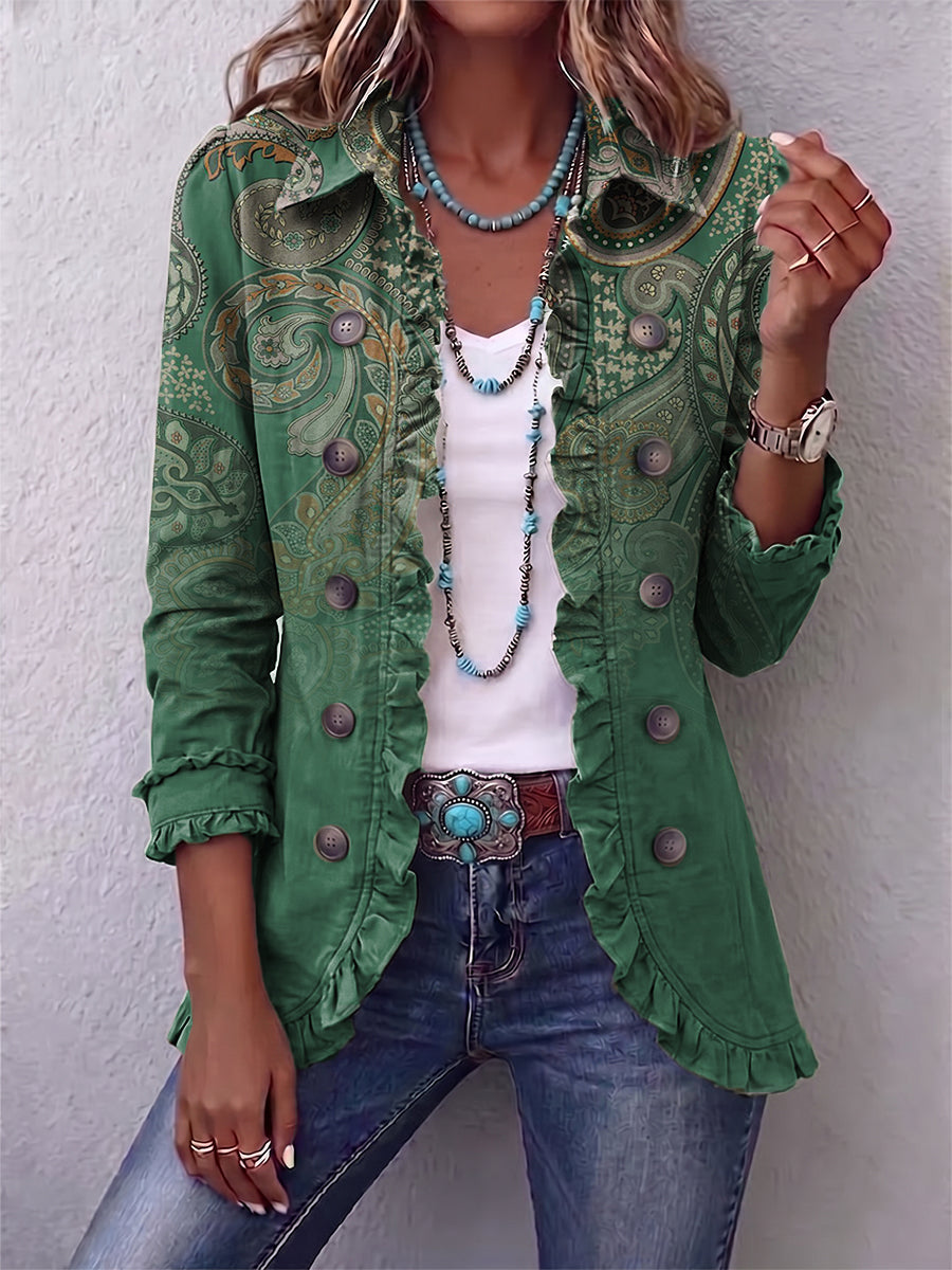 Jacinta green paisley ruffle jacket, front view worn open over white top