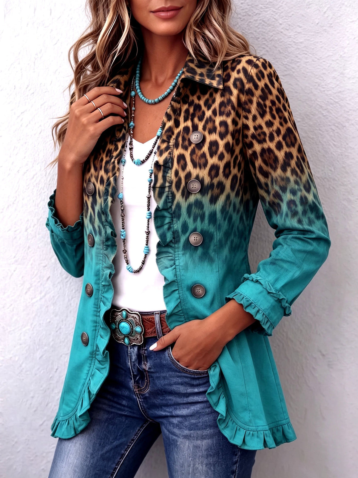 Mercedes ombre leopard blazer in turquoise, ruffle trim and button front
