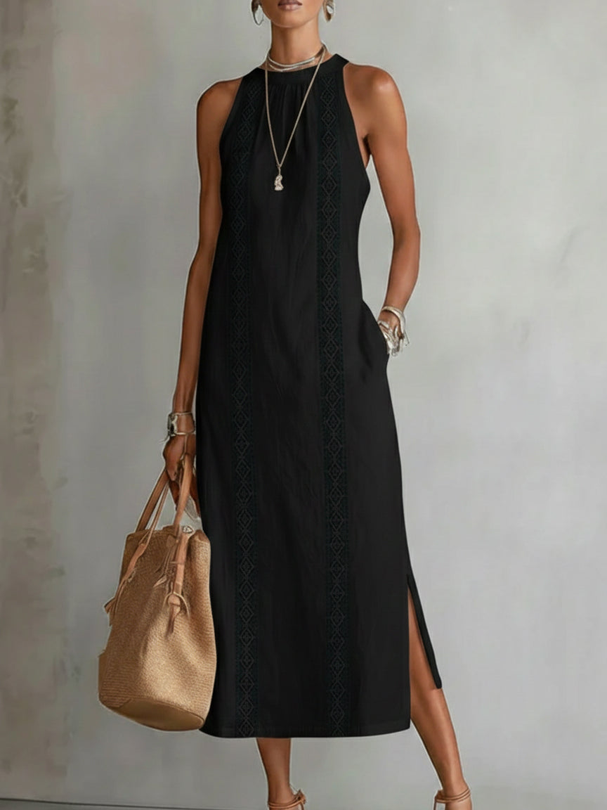 Chloe sleeveless midi dress in black, full-length front view