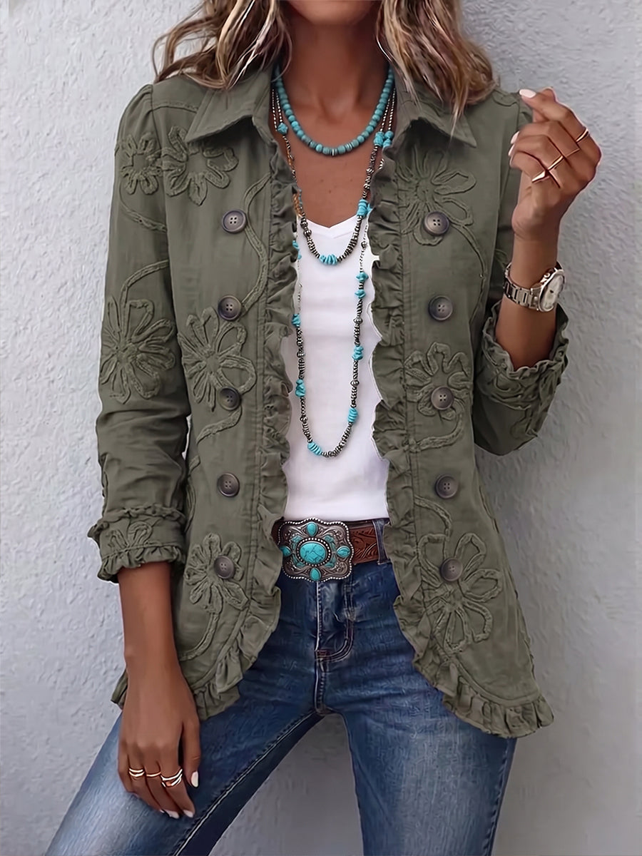 Ascensión embroidered ruffle jacket in vintage green, front view worn open over a white top