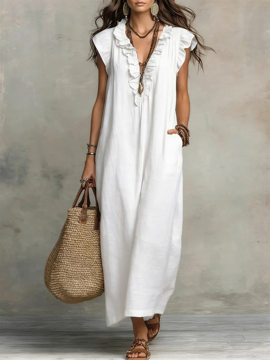 Cecilia summer maxi dress in white, full-length front view