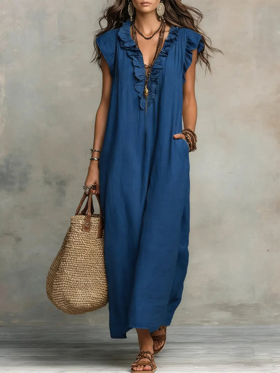 Cecilia summer maxi dress in blue, full-length front view
