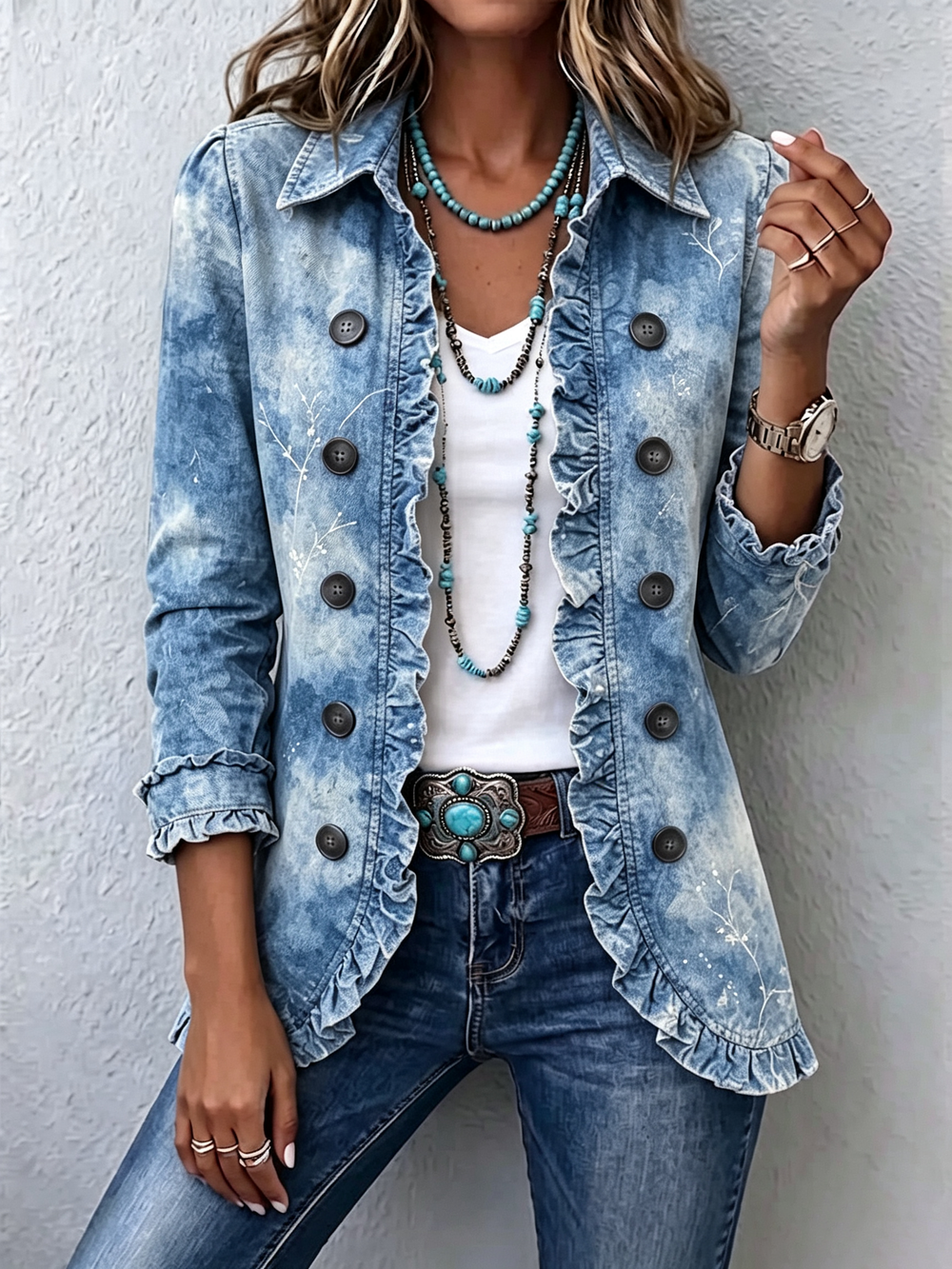 Genoveva ombre botanical ruffle jacket in blue, front view worn open