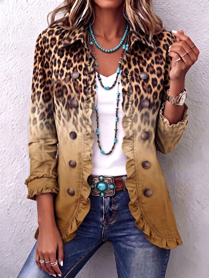 Reyes ochre ombre leopard ruffle blazer worn open over a white top, front view