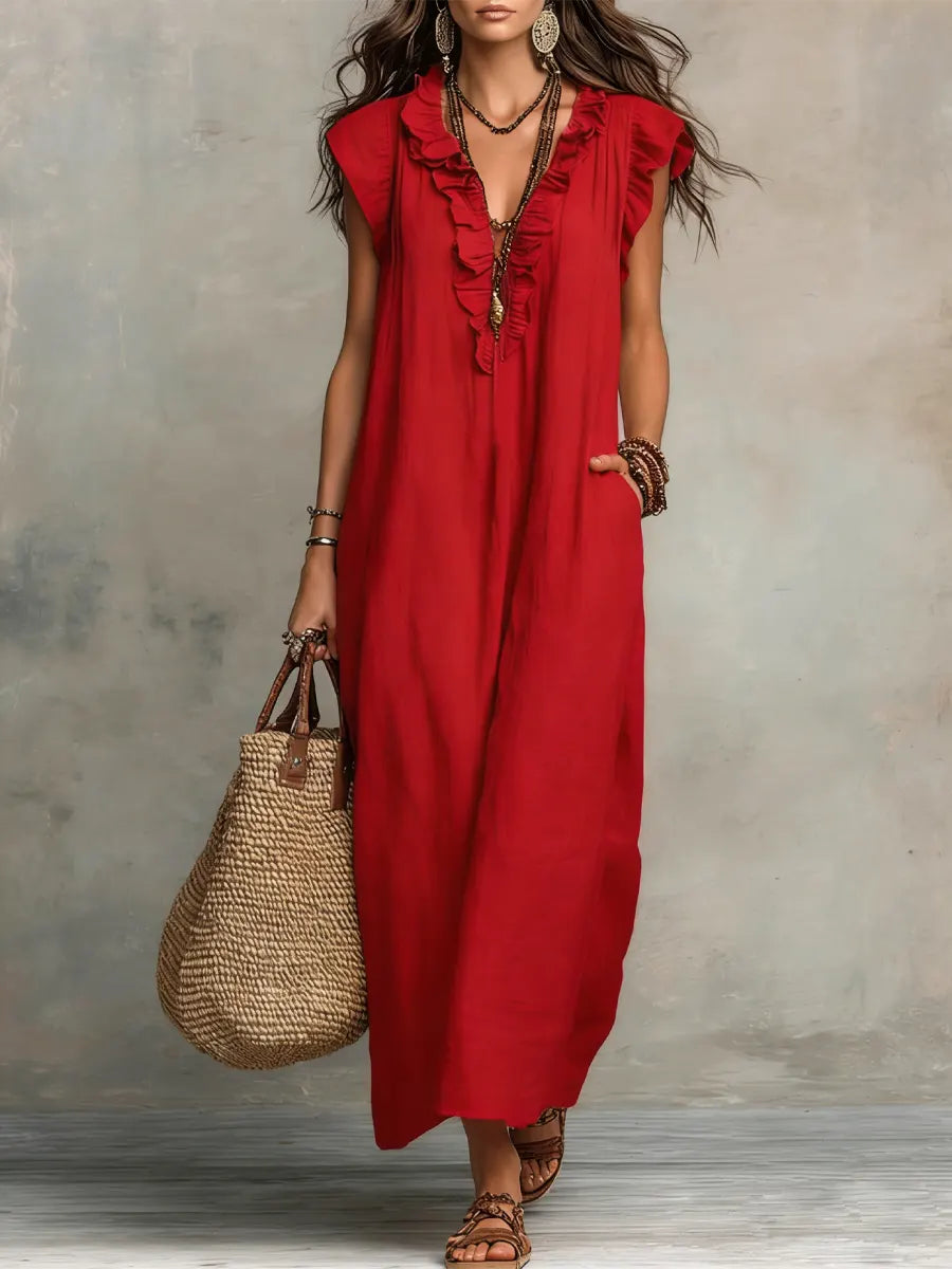 Cecilia summer maxi dress in red, full-length front view