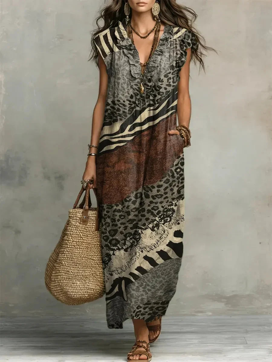 Zola mixed print maxi dress in grey and brown, full-length front view