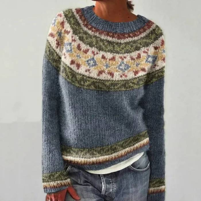 Hazel retro Scandinavian knitted sweater in blue-grey with Nordic patterned yoke, front view