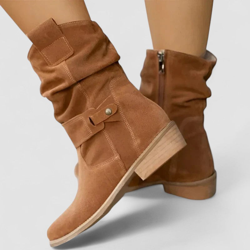 Elyse slouch-style western boots in tan brown, front view with block heel