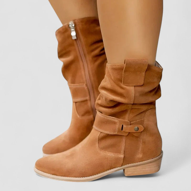 Elyse slouch-style western boots in tan brown, side view with zip