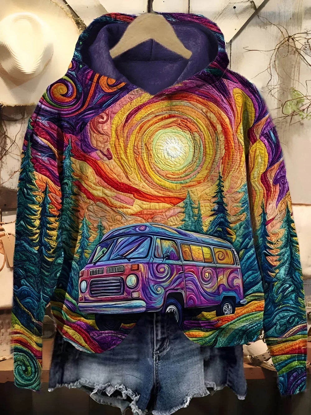 Tressa retro roadtrip hoodie with colourful camper van print, front view