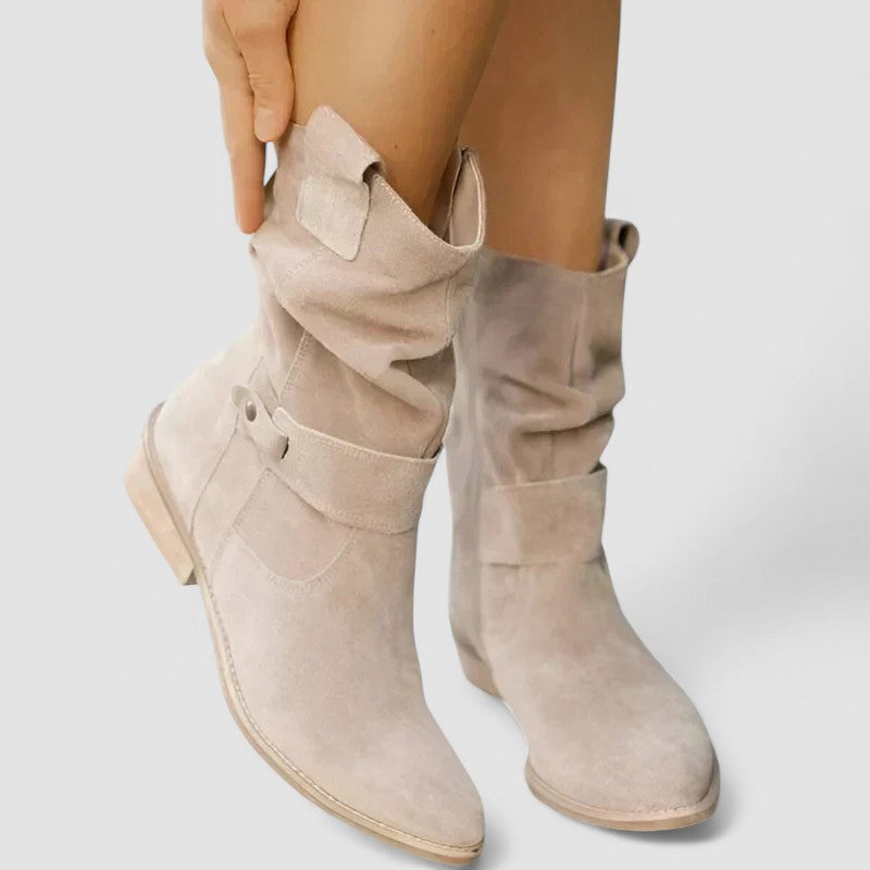 Elyse slouch-style western boots in beige, close-up of folded shaft