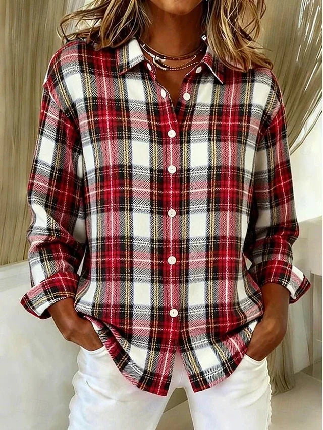 Dulcie vintage plaid blouse in red check, front view