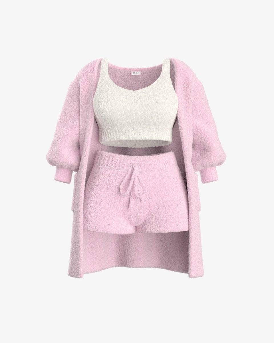 Livia knit set in pink, cropped top with shorts and puff-sleeve cardigan