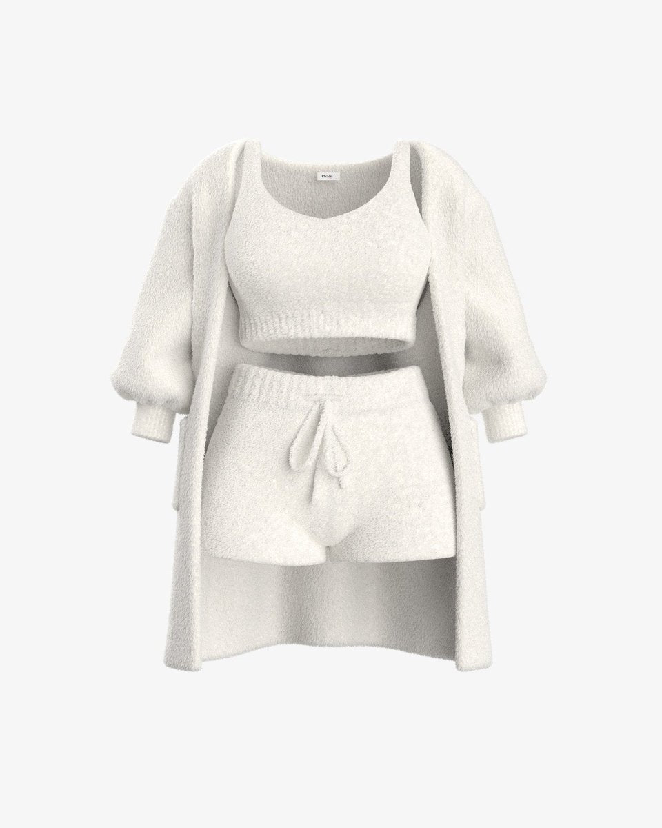 Livia knit set in white, cropped top, shorts and long cardigan front view