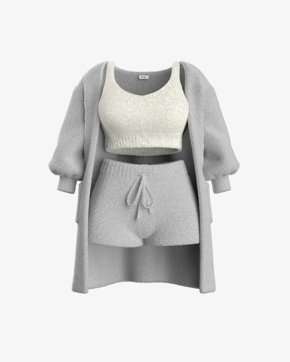 Livia knit set in grey, cropped top, shorts and long cardigan front view