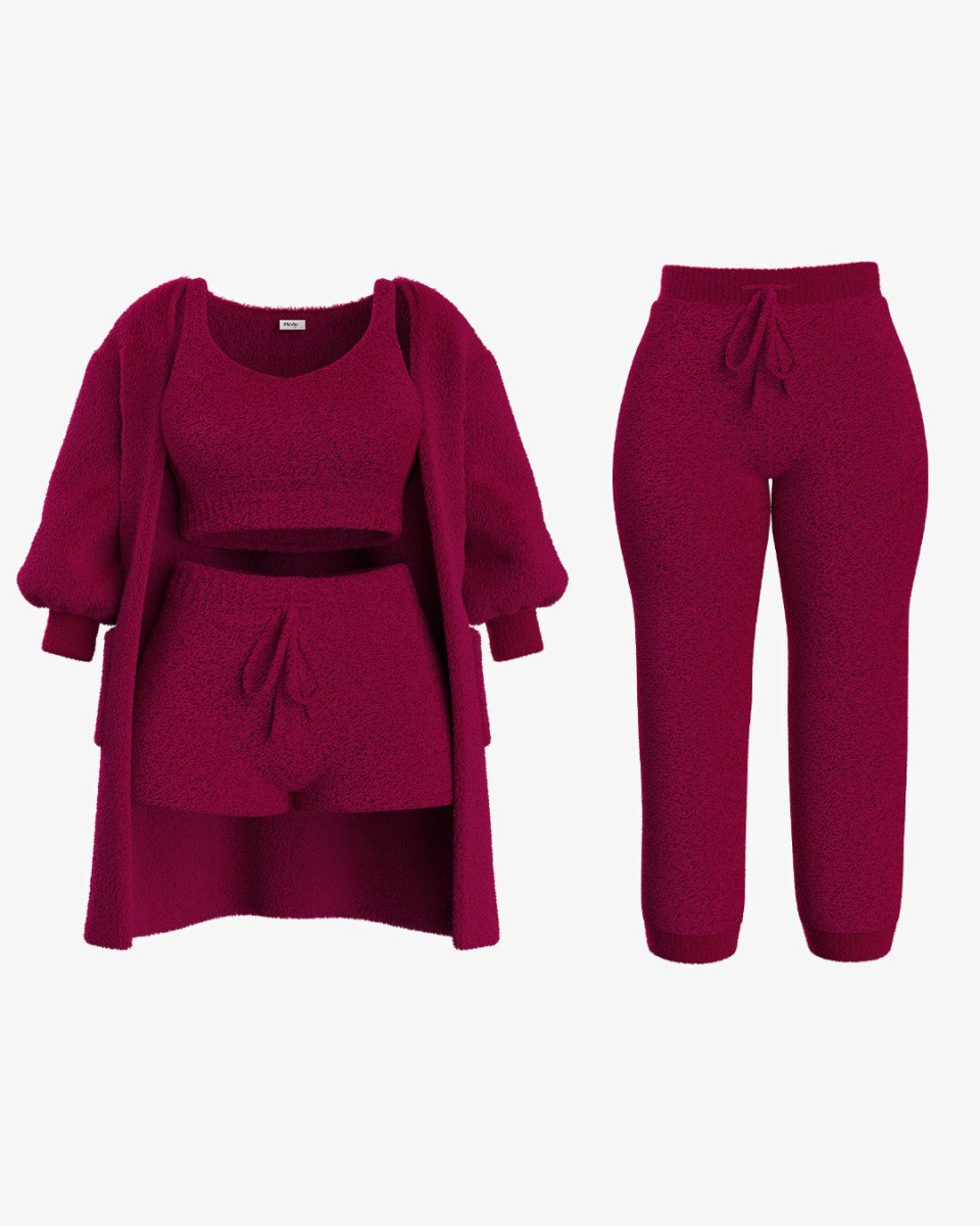 Livia knit set in red with top, shorts, cardigan and matching trousers