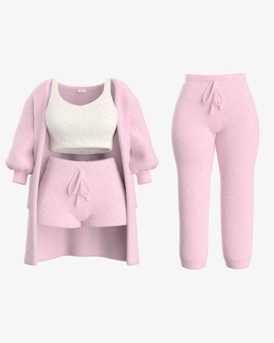 Livia knit set in pink with cream top, shorts, cardigan and trousers