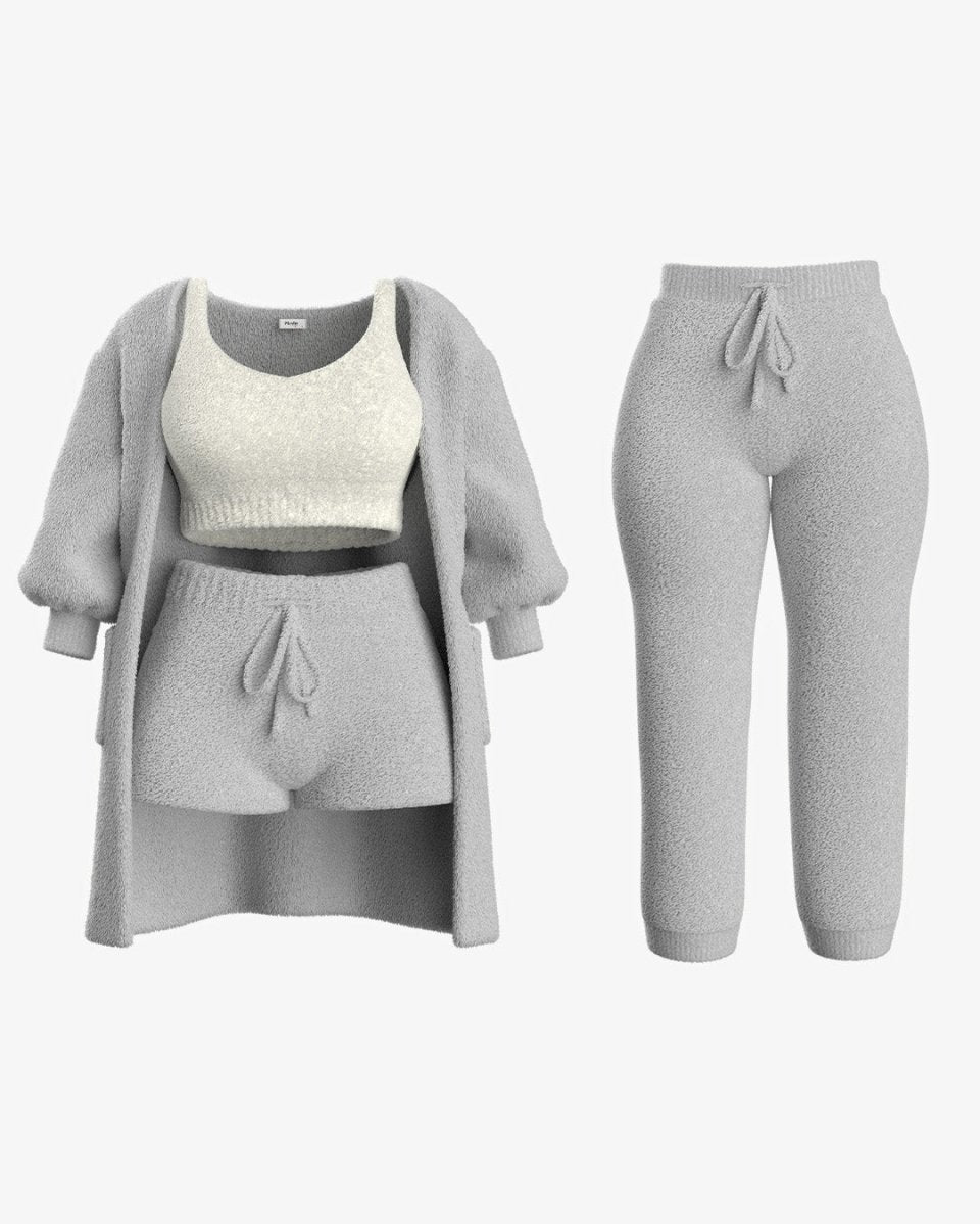 Livia knit set in grey with cream top, shorts, cardigan and trousers