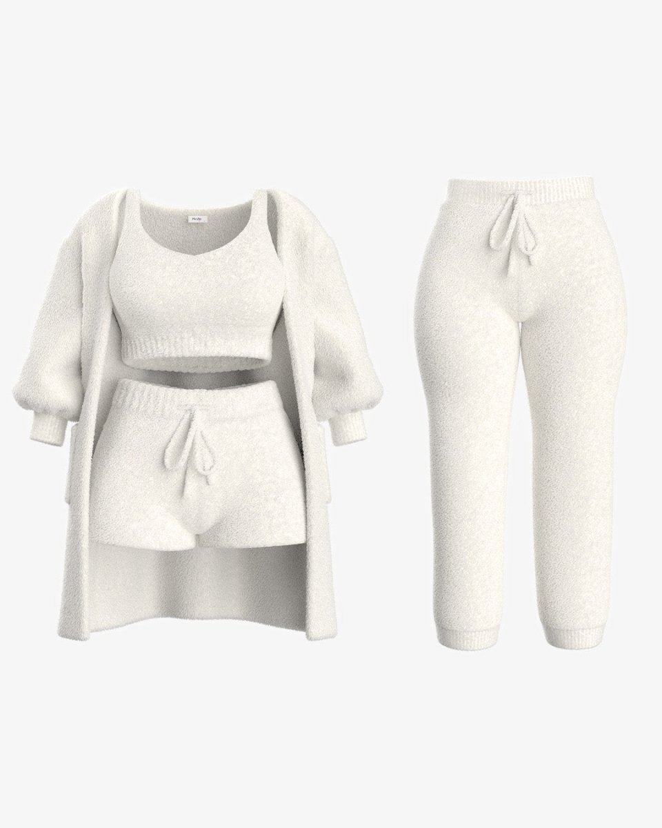 Livia knit set in white with top, shorts, cardigan and matching trousers