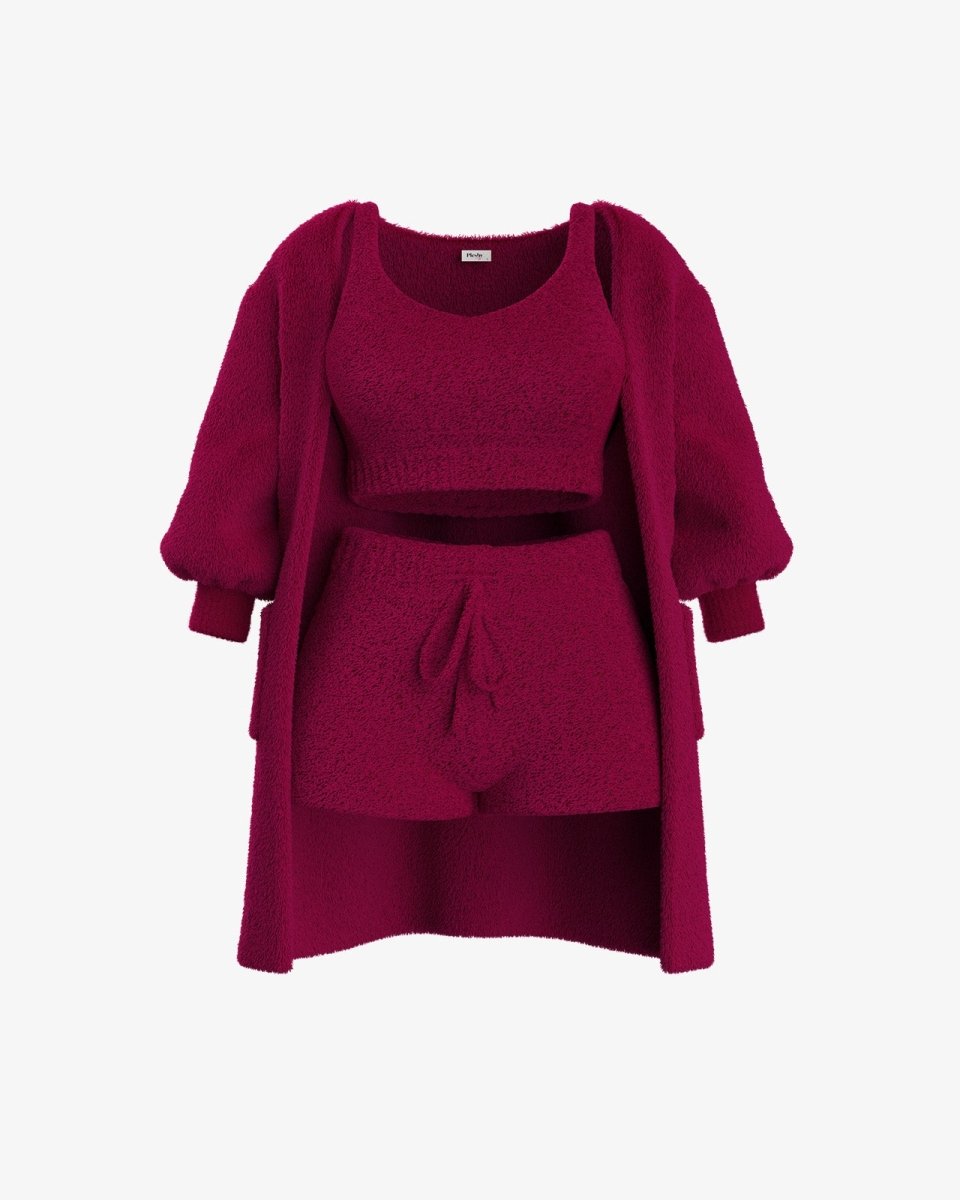 Livia knit set in red, cropped top with shorts and puff-sleeve cardigan