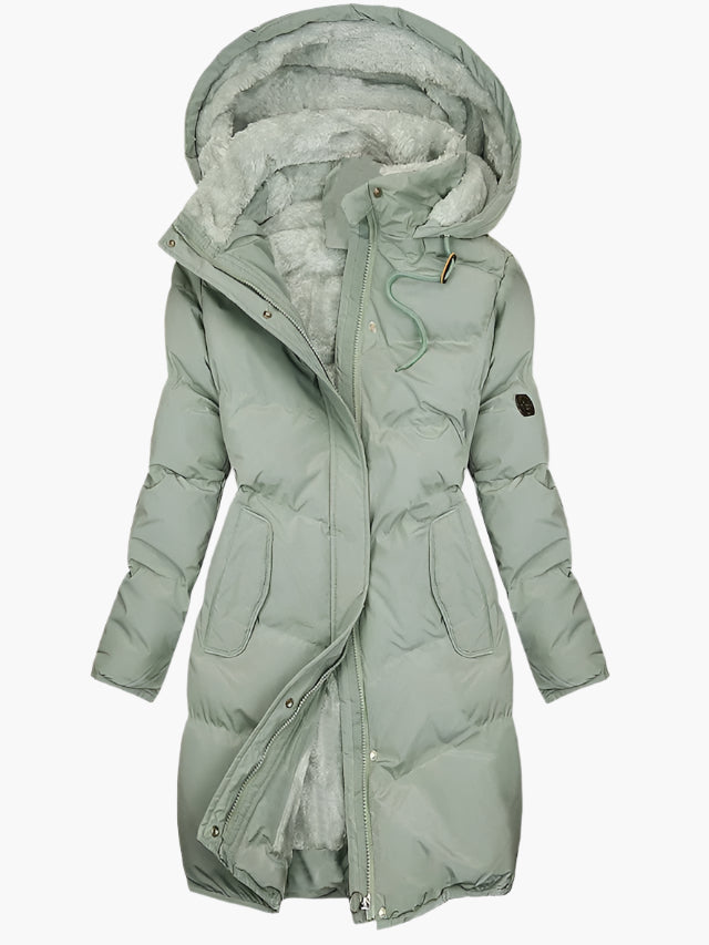 Artemis quilted hooded coat in sage green, front view with fleece lining