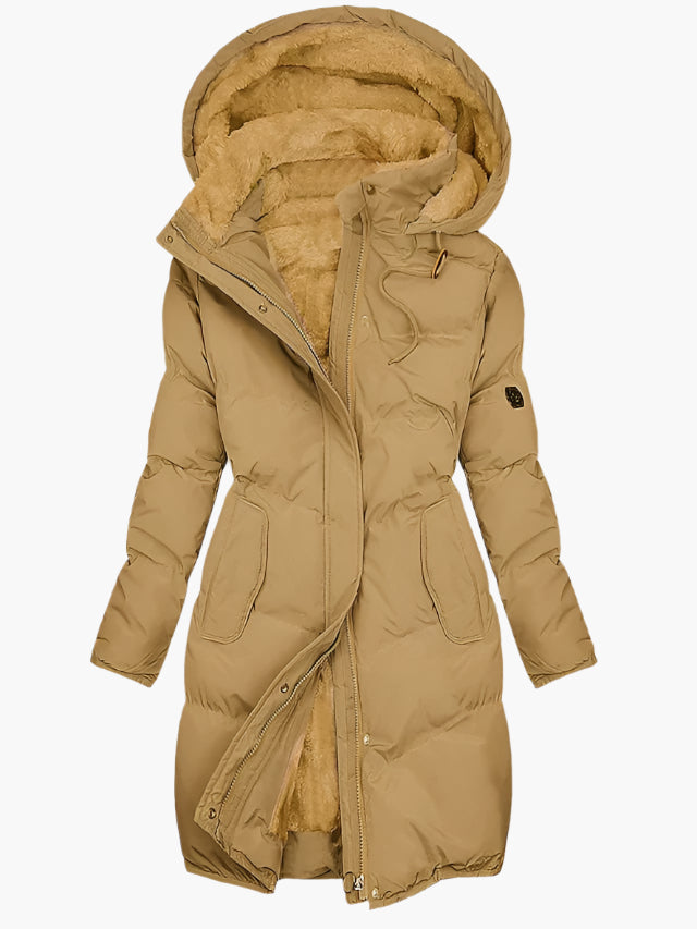 Artemis quilted hooded coat in camel yellow, front view with plush hood