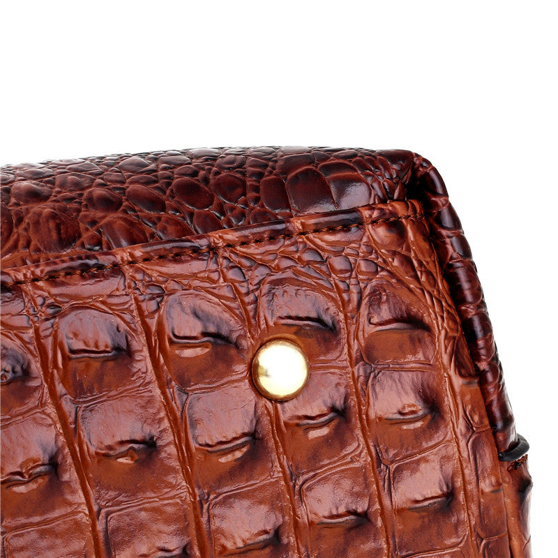 Close-up of croc-embossed leather and gold stud on Frances bag