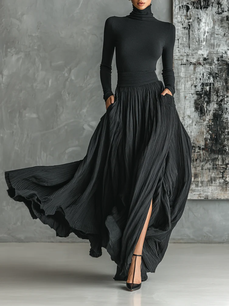 Prudence skirt and roll-neck set in black, full-length front view