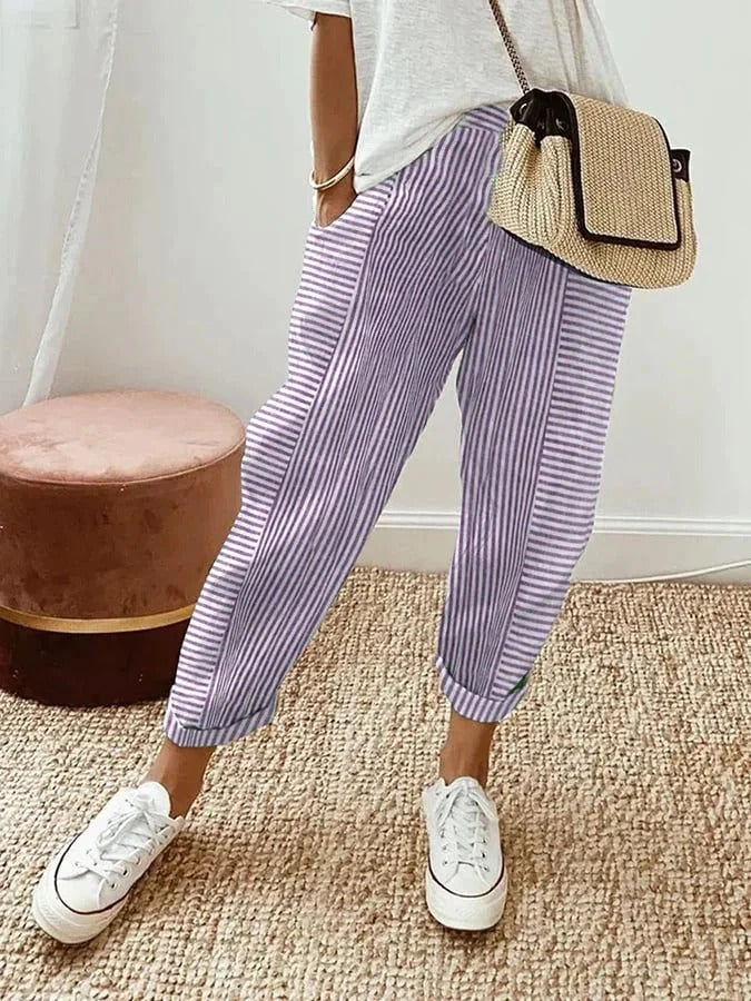 Cosette striped trousers in purple and white, full-length front view