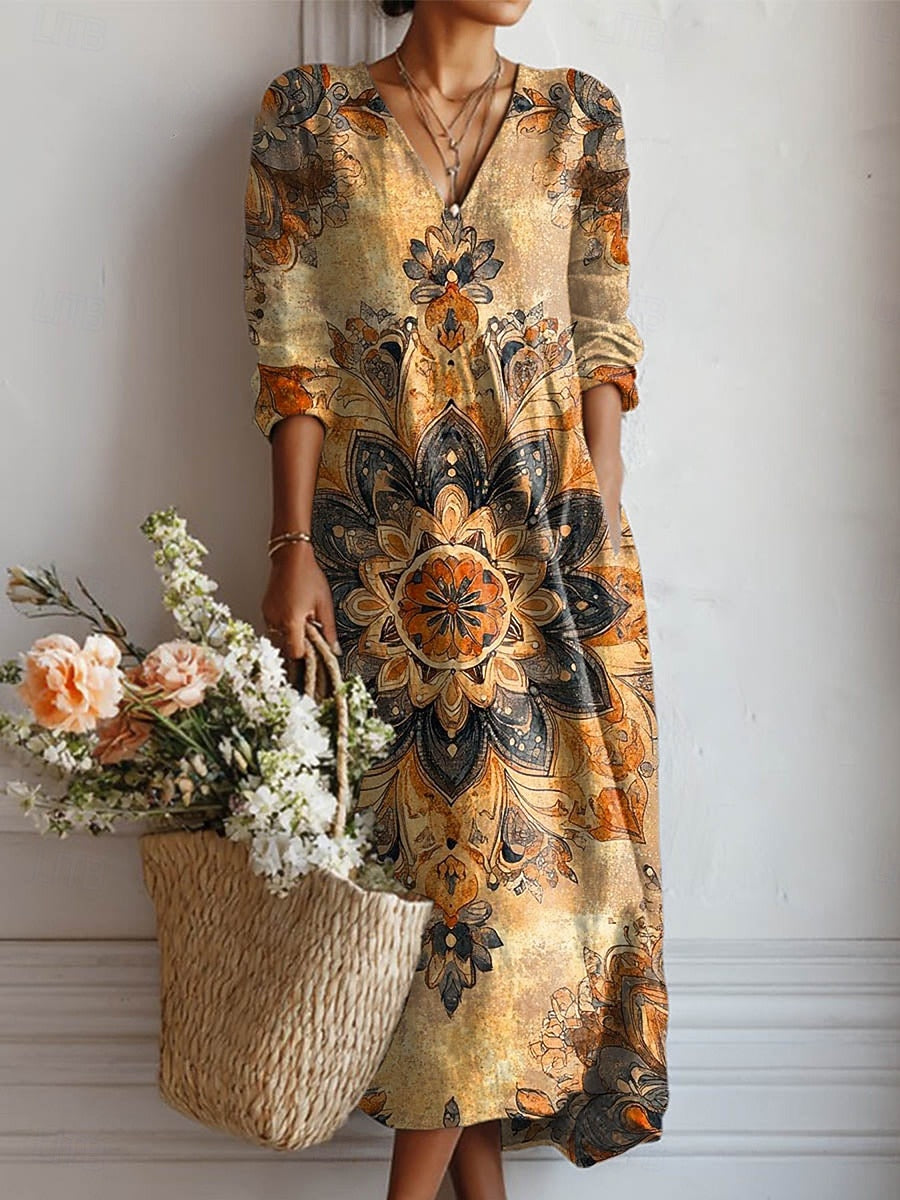 Dora everyday comfort dress in ochre mandala print, full-length front view