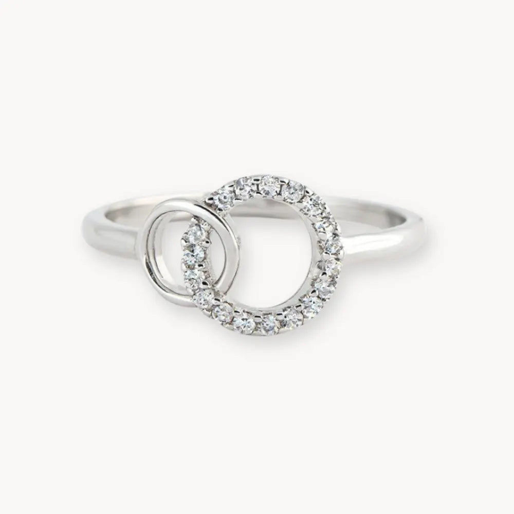 Interlinked circles sister ring in silver tone, front product view