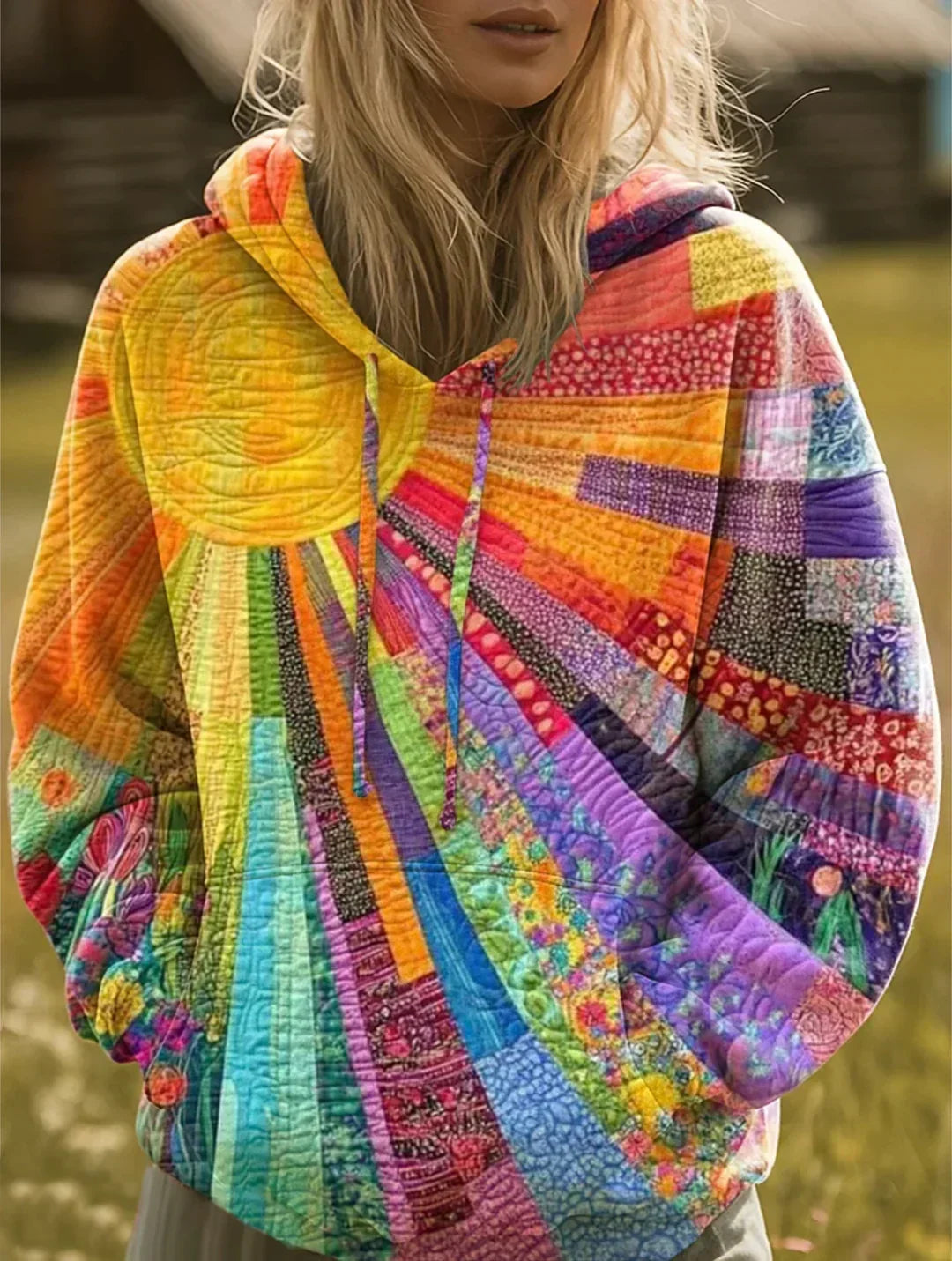 Klyra hoodie in multi-coloured sunburst patchwork print, front view on model