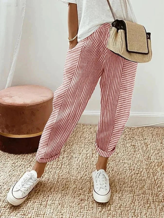 Cosette striped trousers in red and white, full-length front view