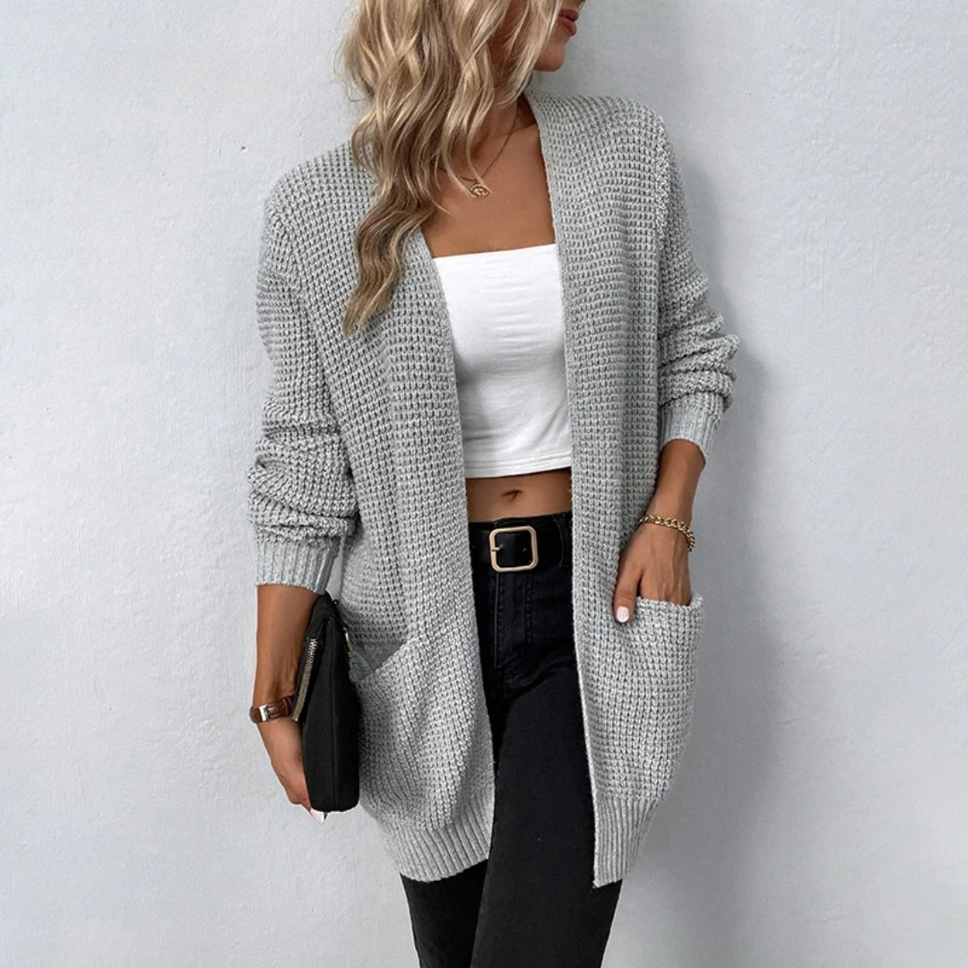 Noraya relaxed cardigan in grey, open-front view with patch pockets