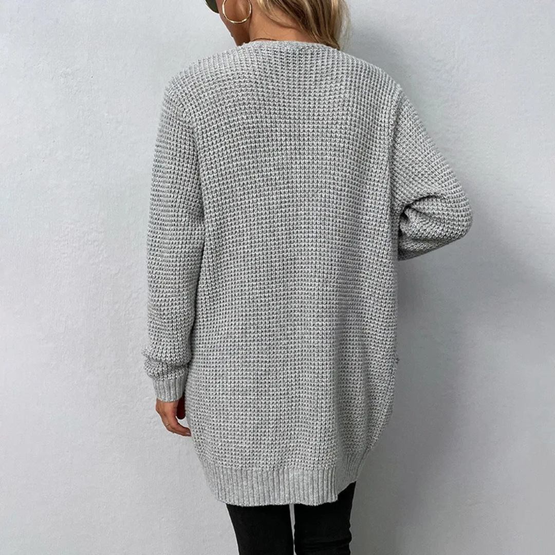Noraya relaxed cardigan in grey, back view showing waffle knit
