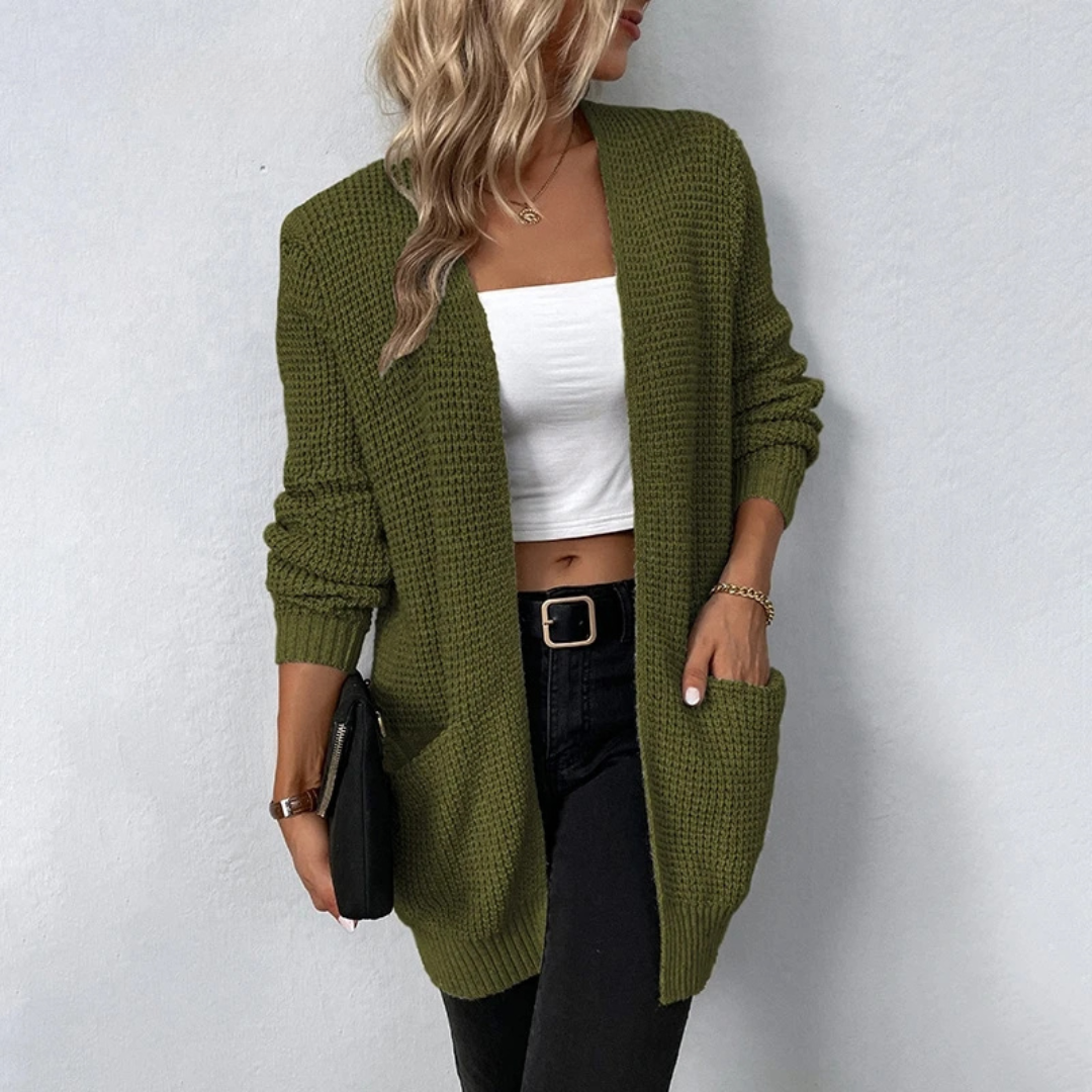 Noraya relaxed cardigan in green, full-length front view