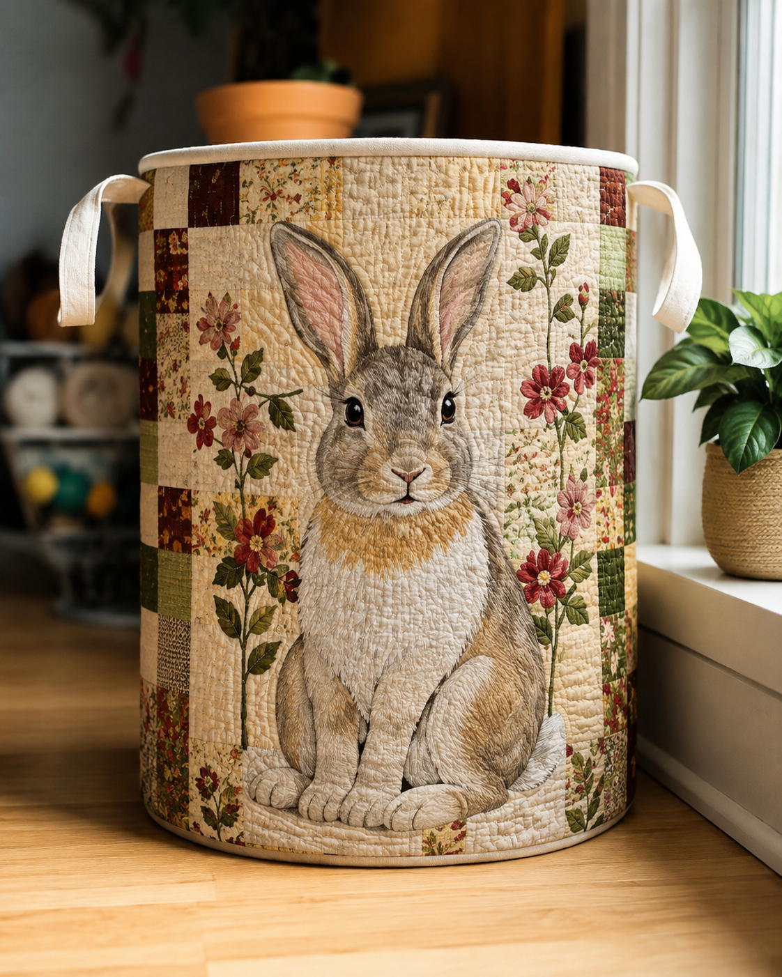 Beatrice hand-quilted laundry basket with cottage rabbit and floral patchwork design