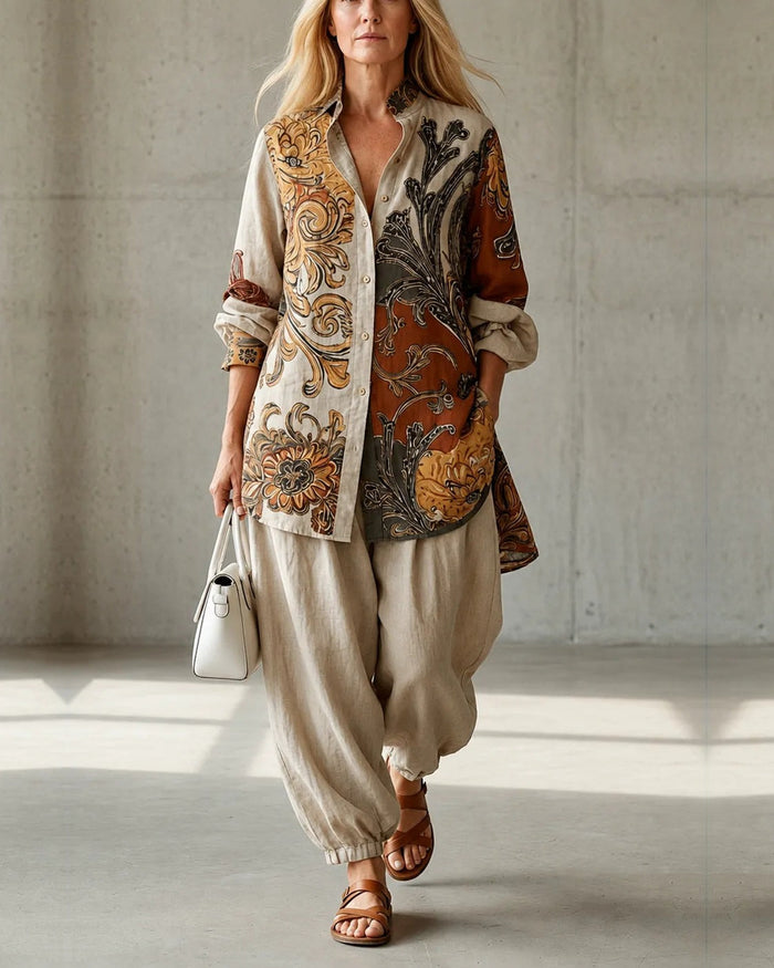 Rosie printed tunic harem set with white trousers, full-length front view
