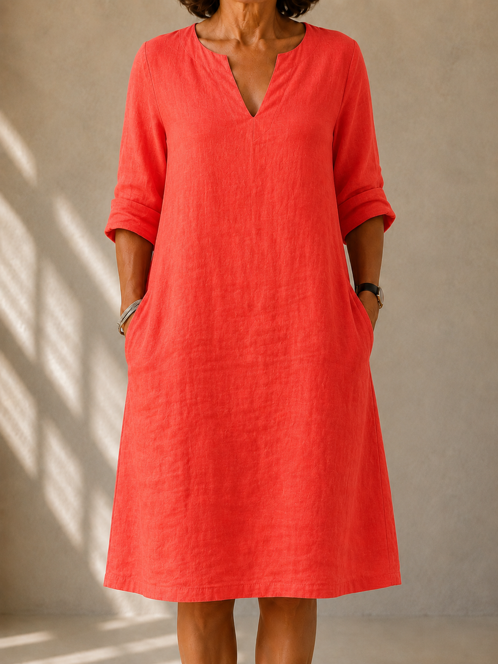 Margot flowy straight-cut dress in coral, front view
