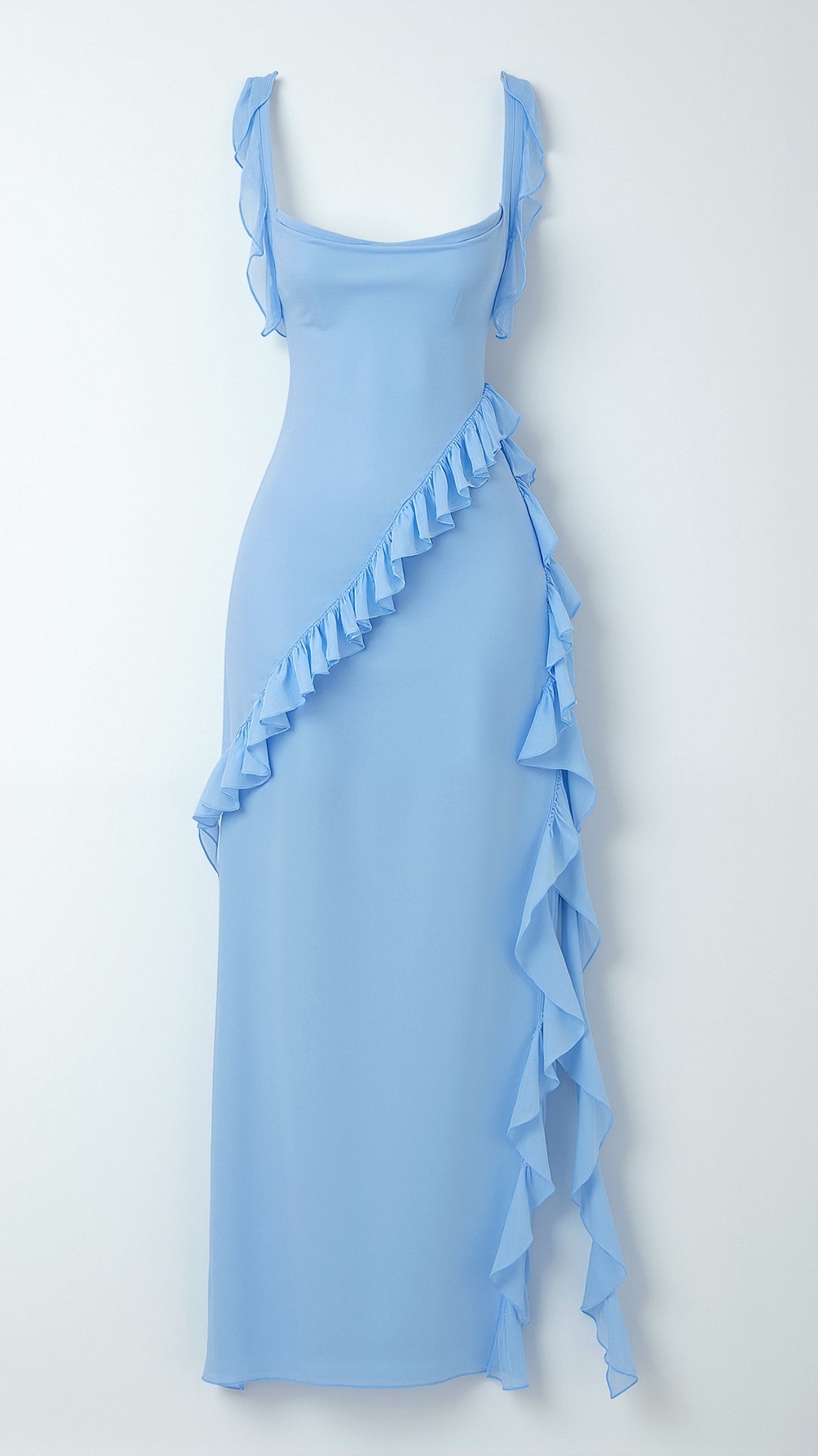 Solandra ruffle maxi dress in light blue, product view on plain background