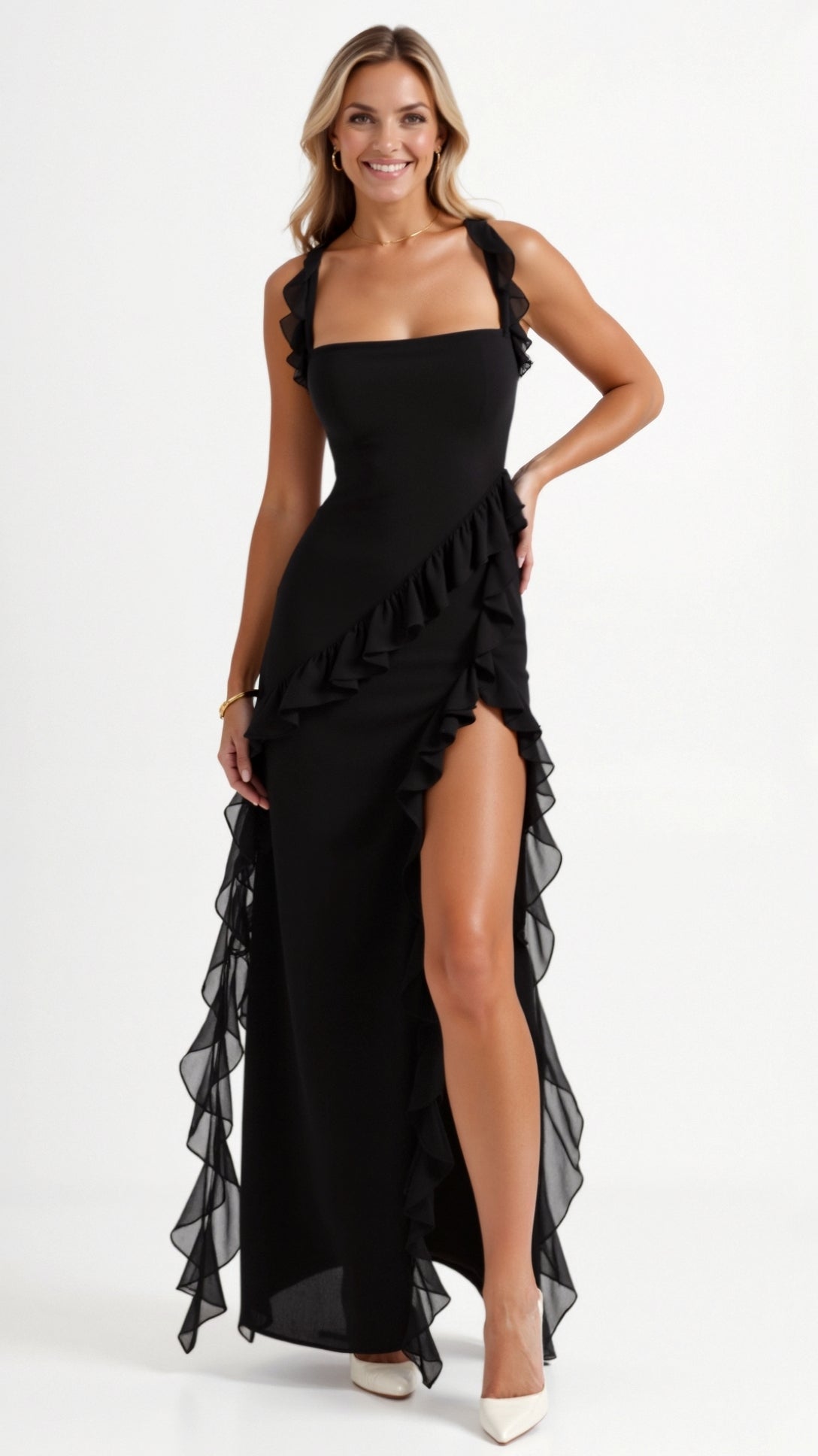 Solandra ruffle maxi dress in black, full-length front view with slit