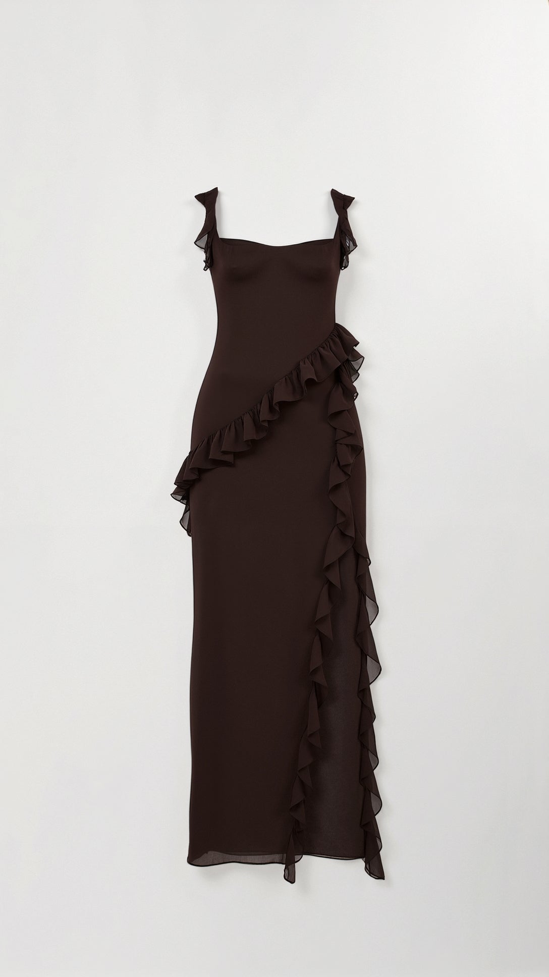 Solandra ruffle maxi dress in brown, product view on plain background