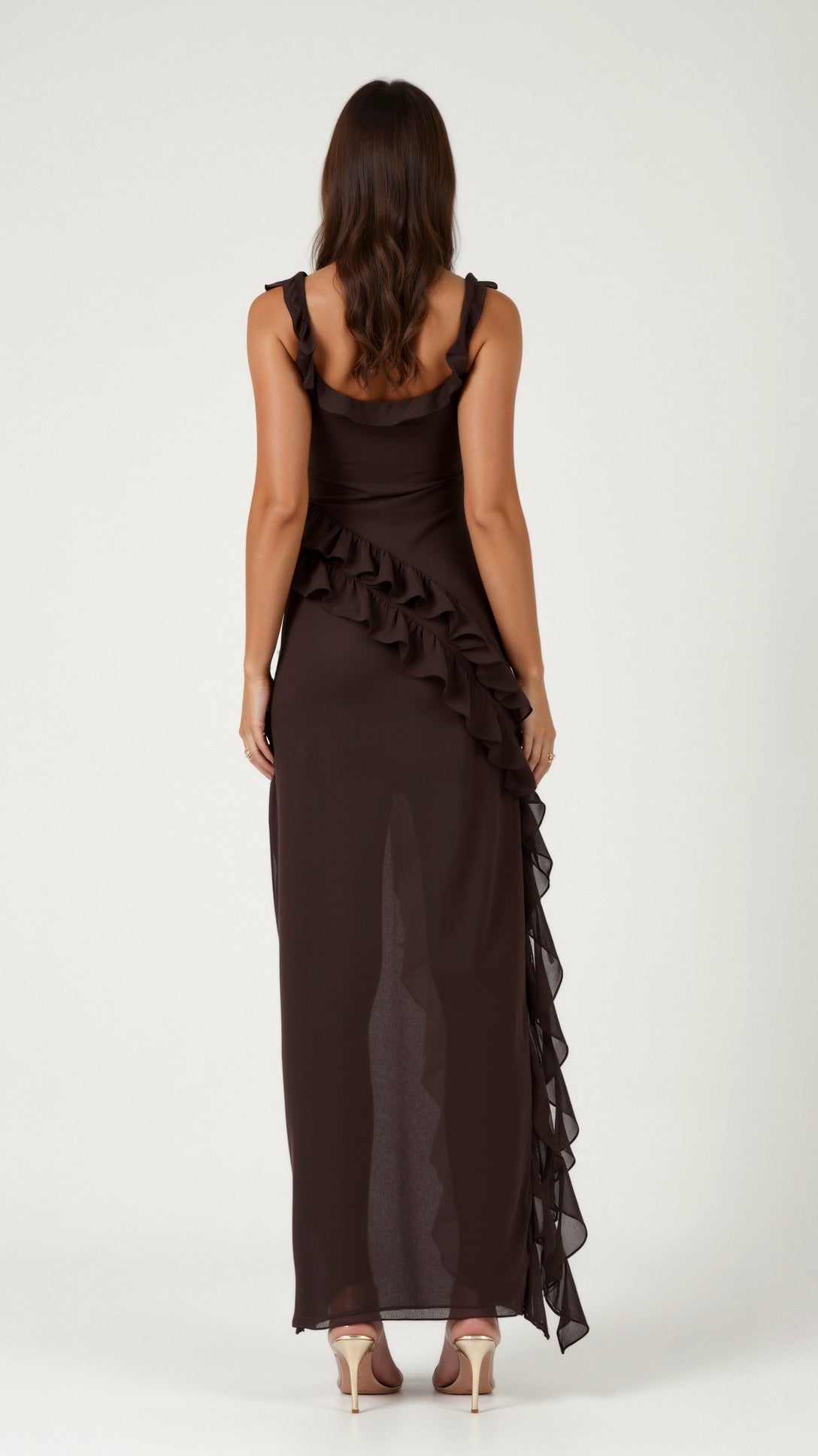 Solandra ruffle maxi dress in brown, back view