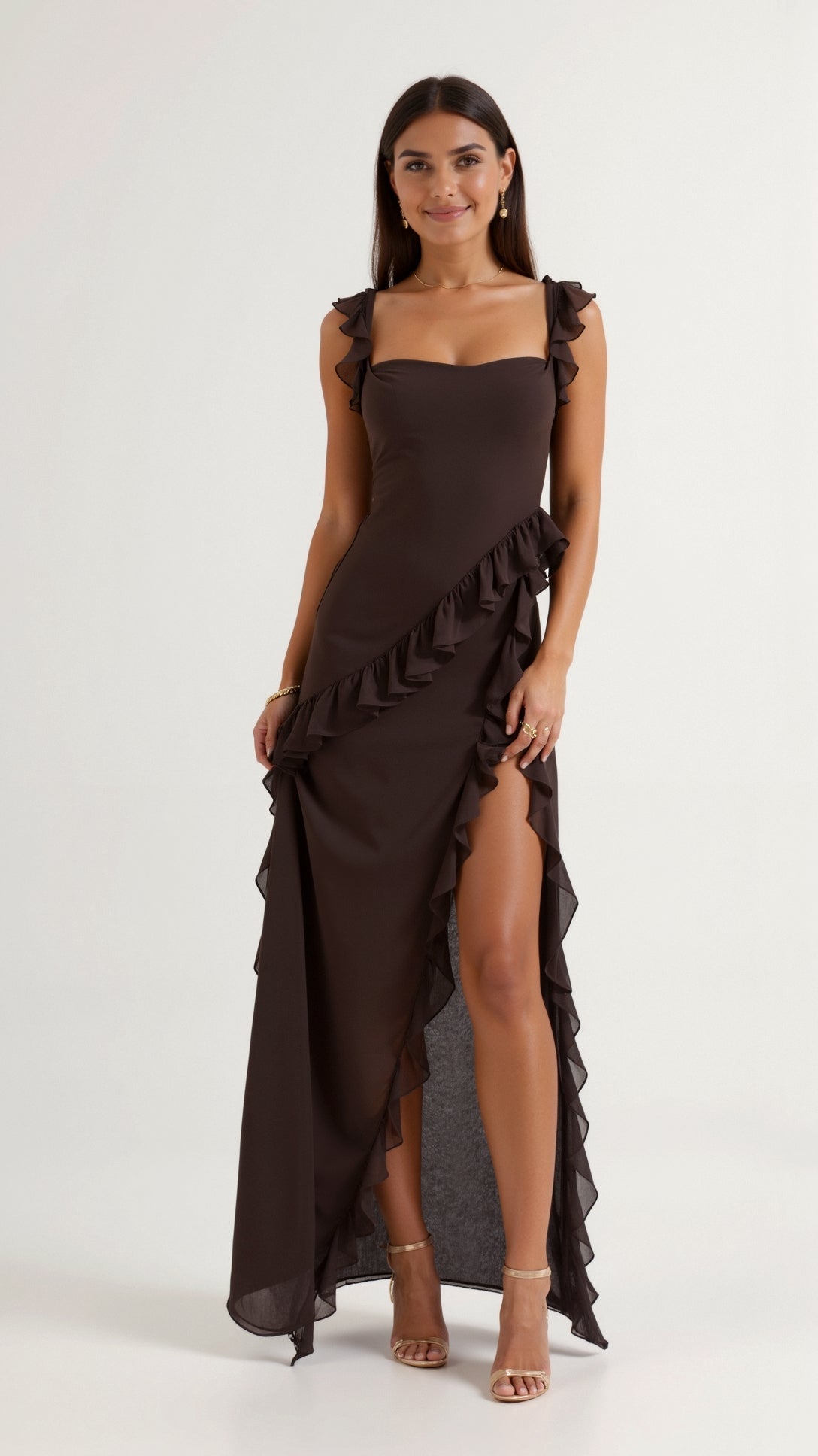 Solandra ruffle maxi dress in brown, full-length front view