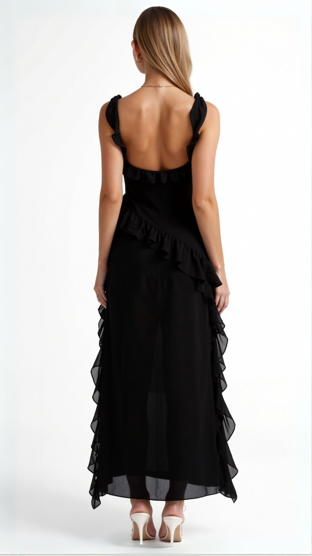 Solandra ruffle maxi dress in black, back view with low scooped back