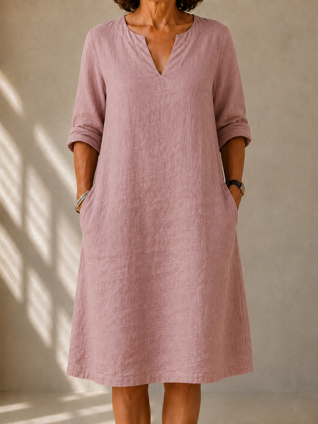 Martine flowy A-line dress in powder pink, front view