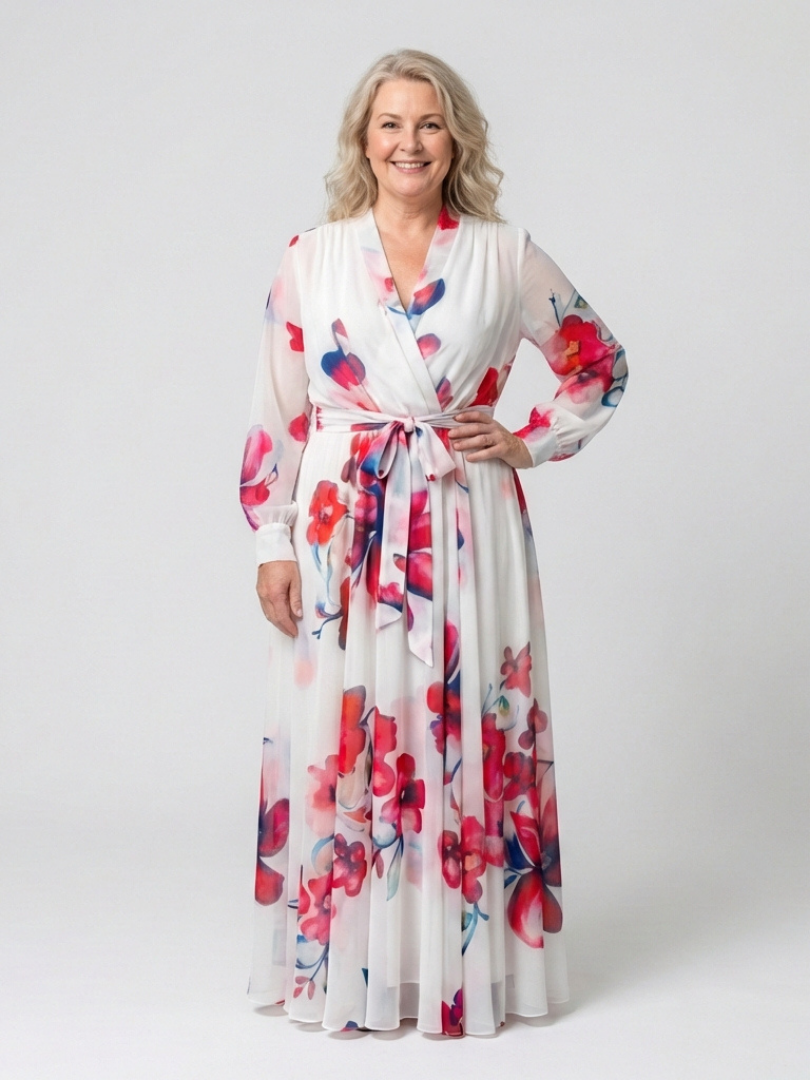 Lillian floral wrap maxi dress in red floral, standing front view