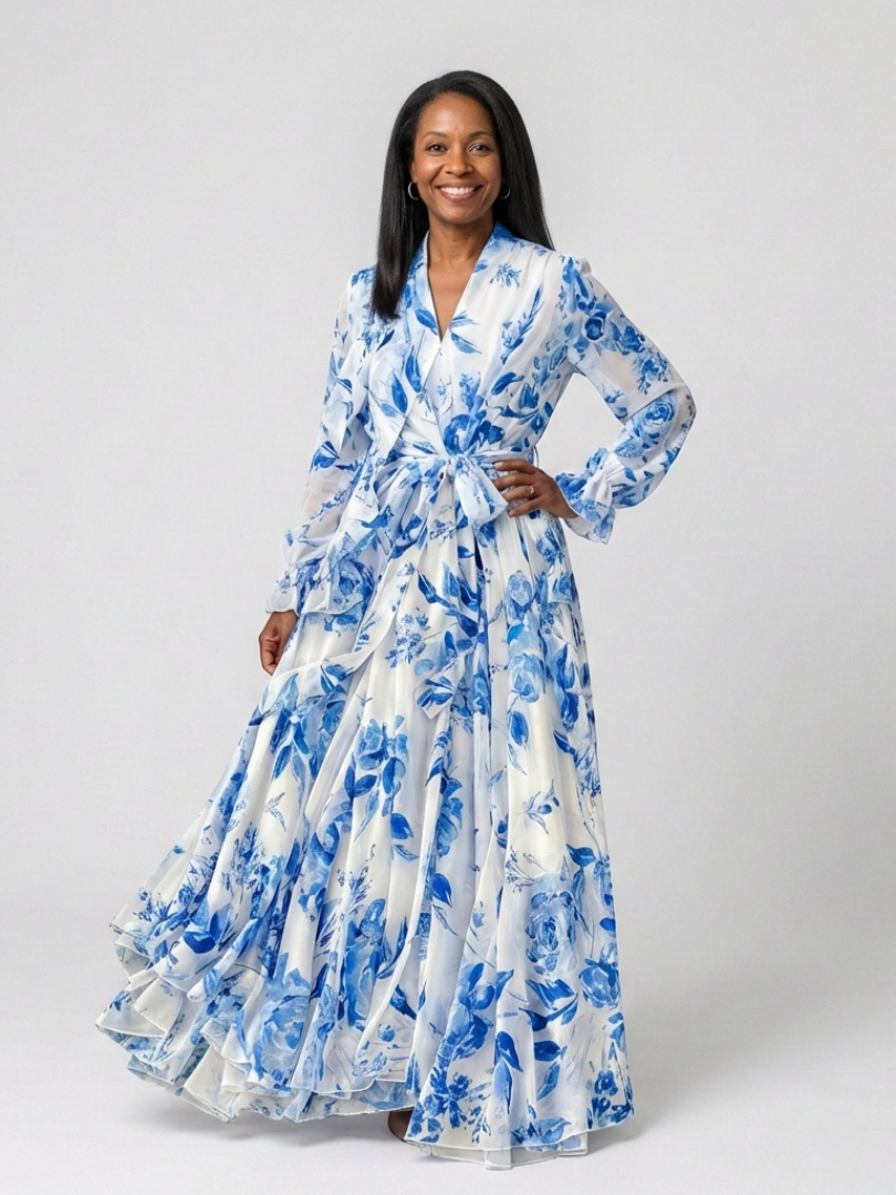 Lillian floral wrap maxi dress in blue and white, full-length front view